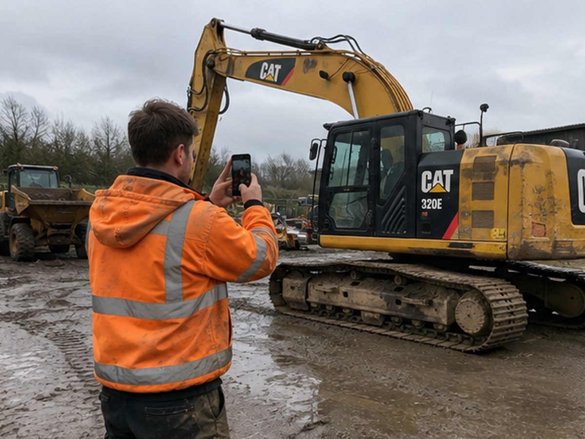 Operator photographing a CAT 320 excavator in a yard for a valuation