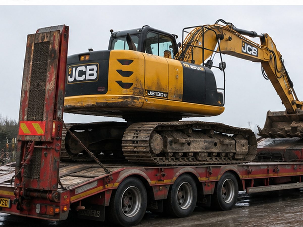 JCB JS130 excavator loaded and strapped on a low loader ready for collection